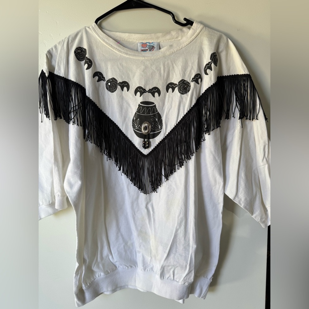 Vintage Made In USA Hazelwood Cotton Western Native American  with Black Fringe